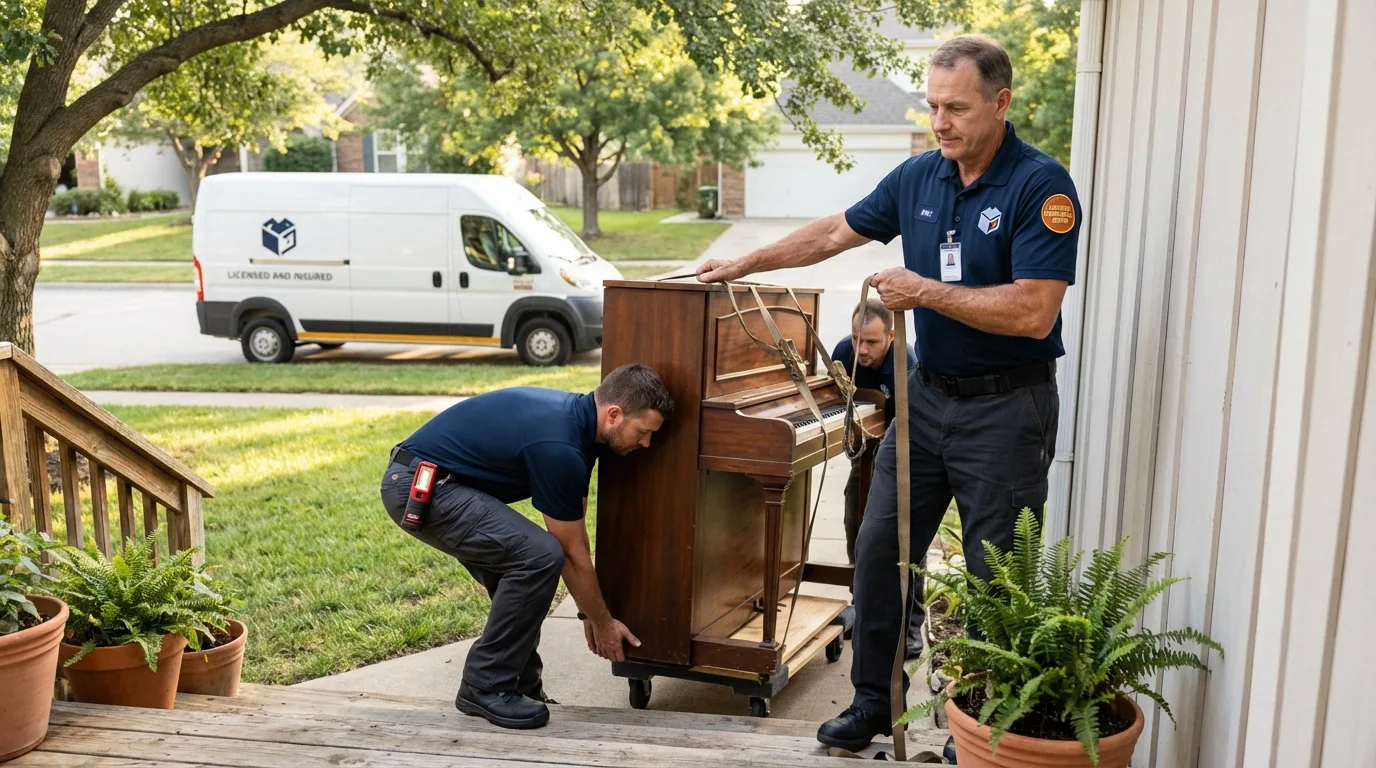 Licensed piano movers securing grand piano in South Boston, VA