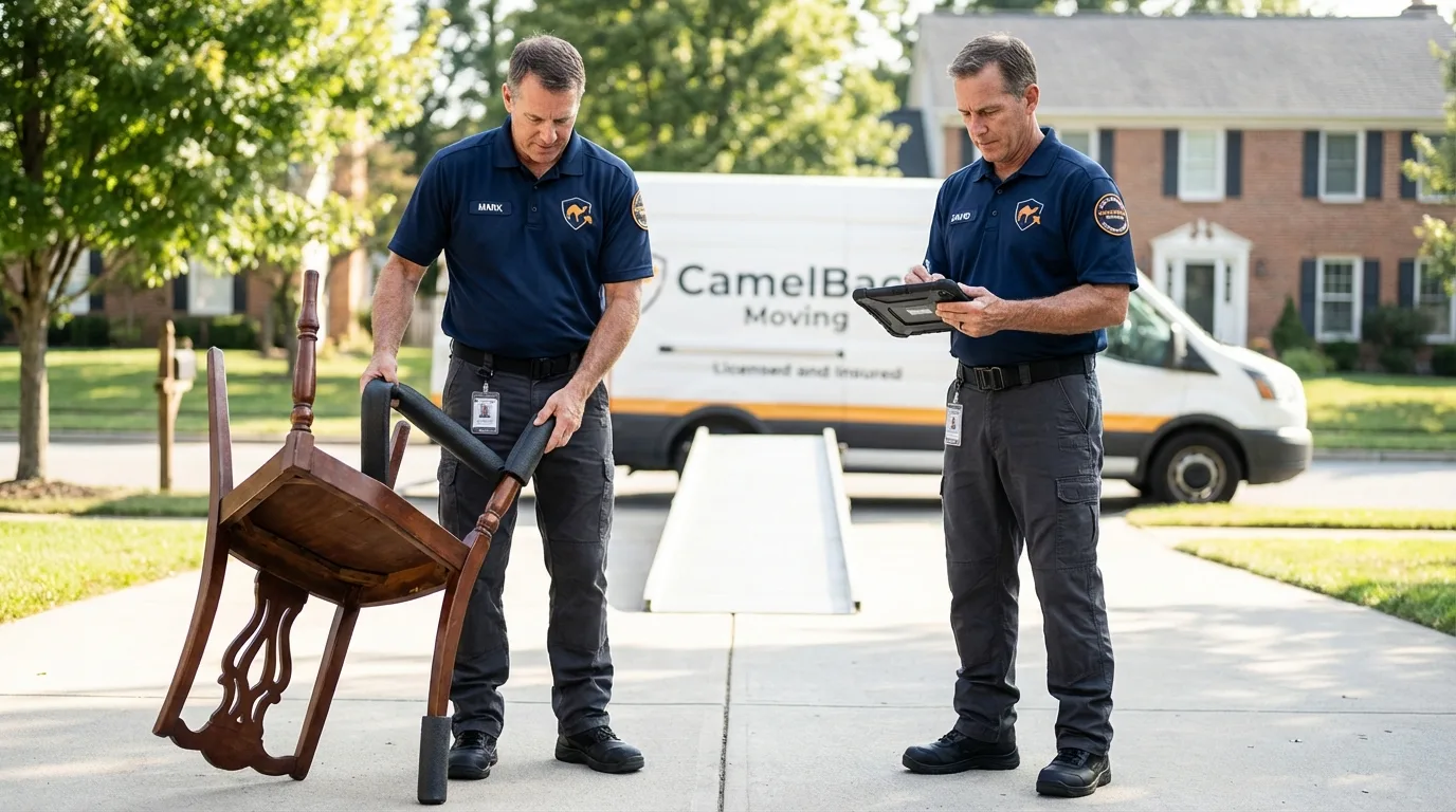 Movers inspecting furniture for damage prevention before loading in South Boston, VA
