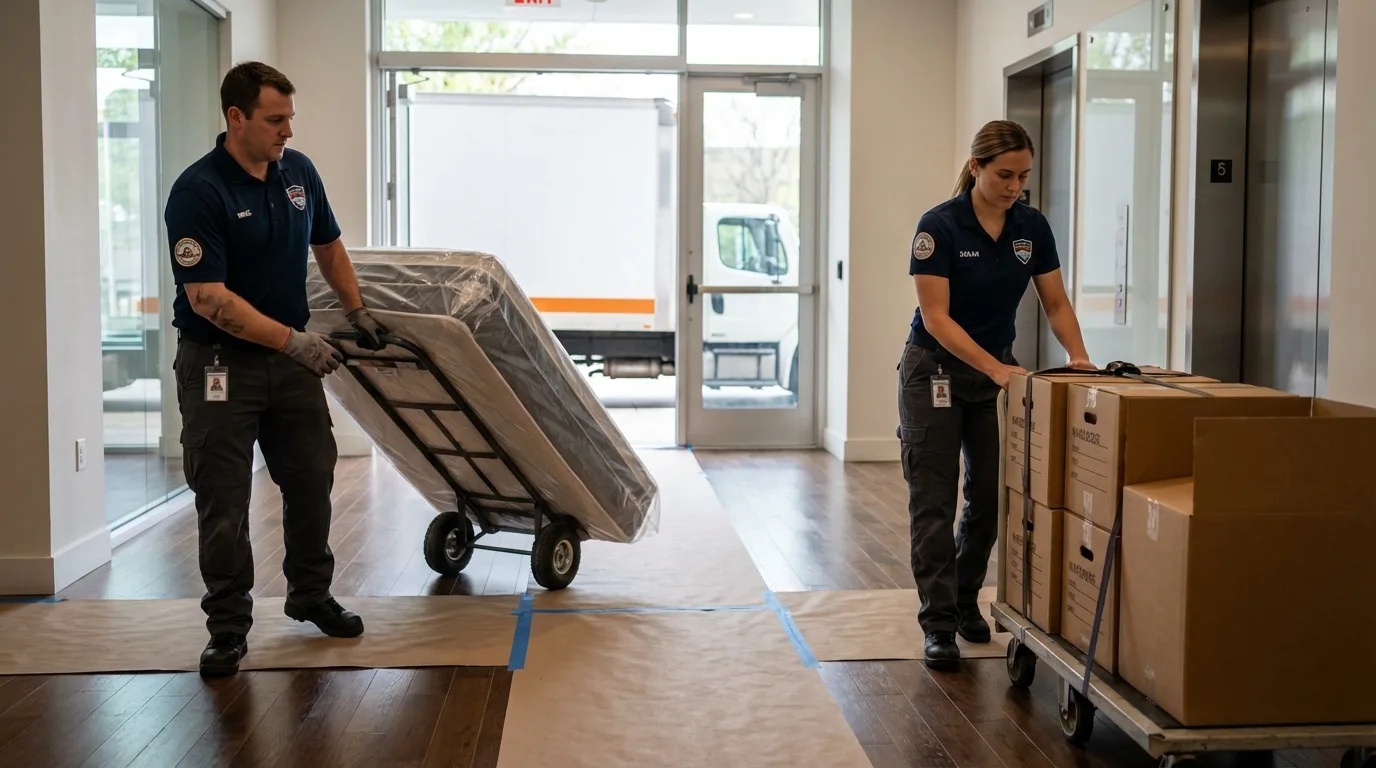 Professional apartment movers loading elevator in South Boston, VA