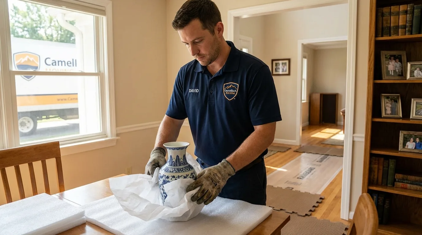 Professional crew carefully wrapping antique vase for senior downsizing move in South Boston, VA